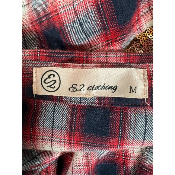 E2 Plaid and Sequin Western Styled Shirt M Red Blue Cotton Vintage - Picture 8 of 16
